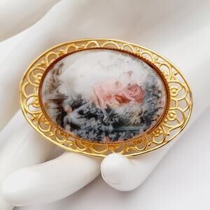 Vintage Porcelain Abstract Painting on Gold Tone Filigree Brooch